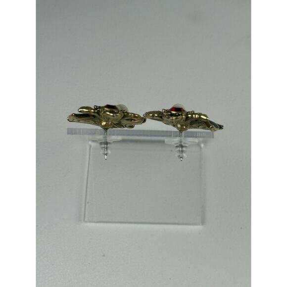 Avon Vintage Brooch & Pierced Earring Set Rich Christmas Faux Pearl Red Green - Picture 11 of 11